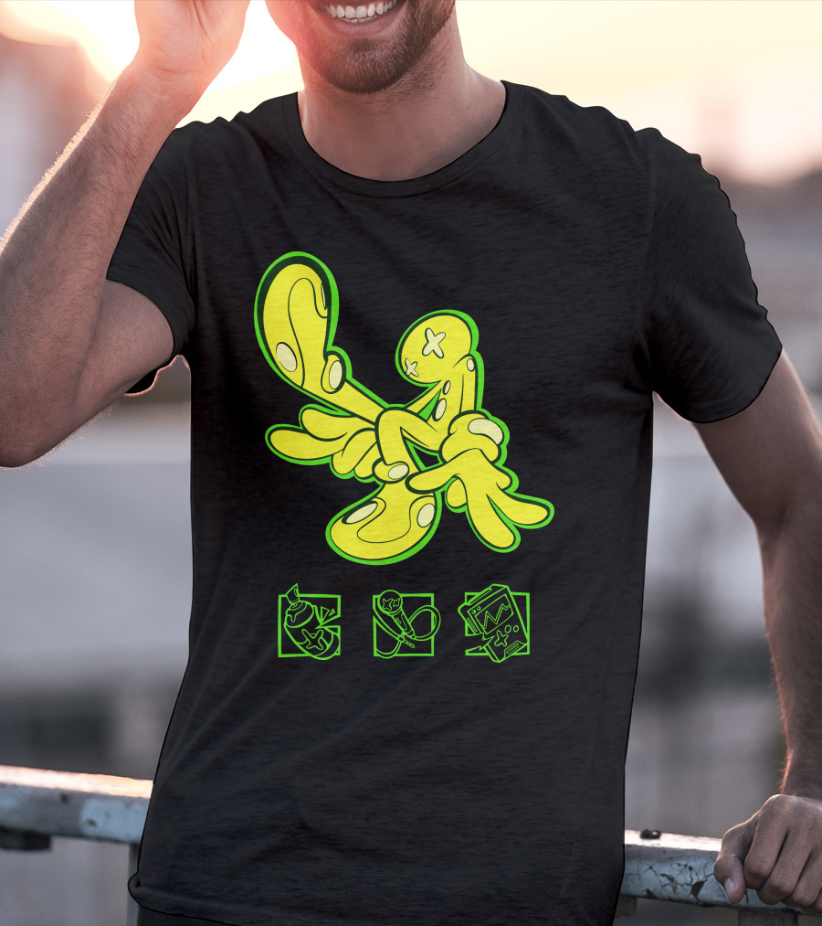 OFFCANNY Neon Cartoon Figure With Iconic Symbols T-Shirt