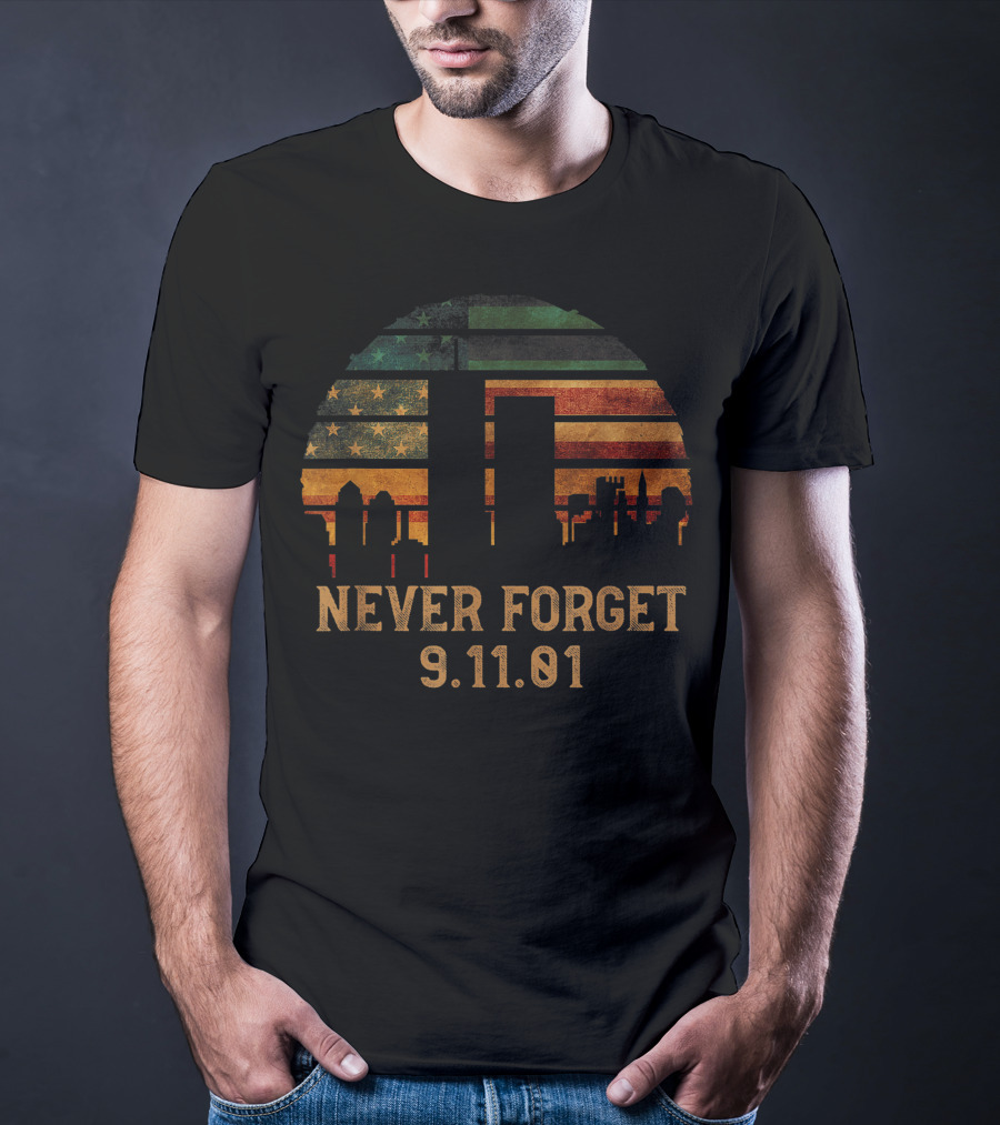 Never Forget 9.11.01 Skyline American Flag T-Shirt