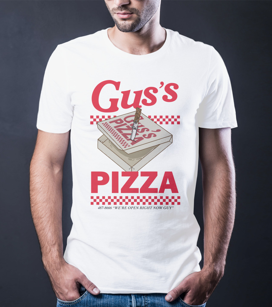 Gus's Pizza Box Knife 487-8666 We're Open Right Now Guy T-Shirt
