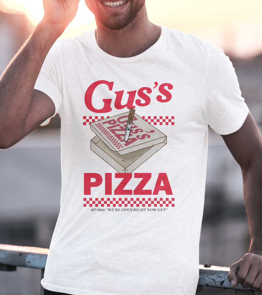 Gus's Pizza Box Knife 487-8666 We're Open Right Now Guy T-Shirt