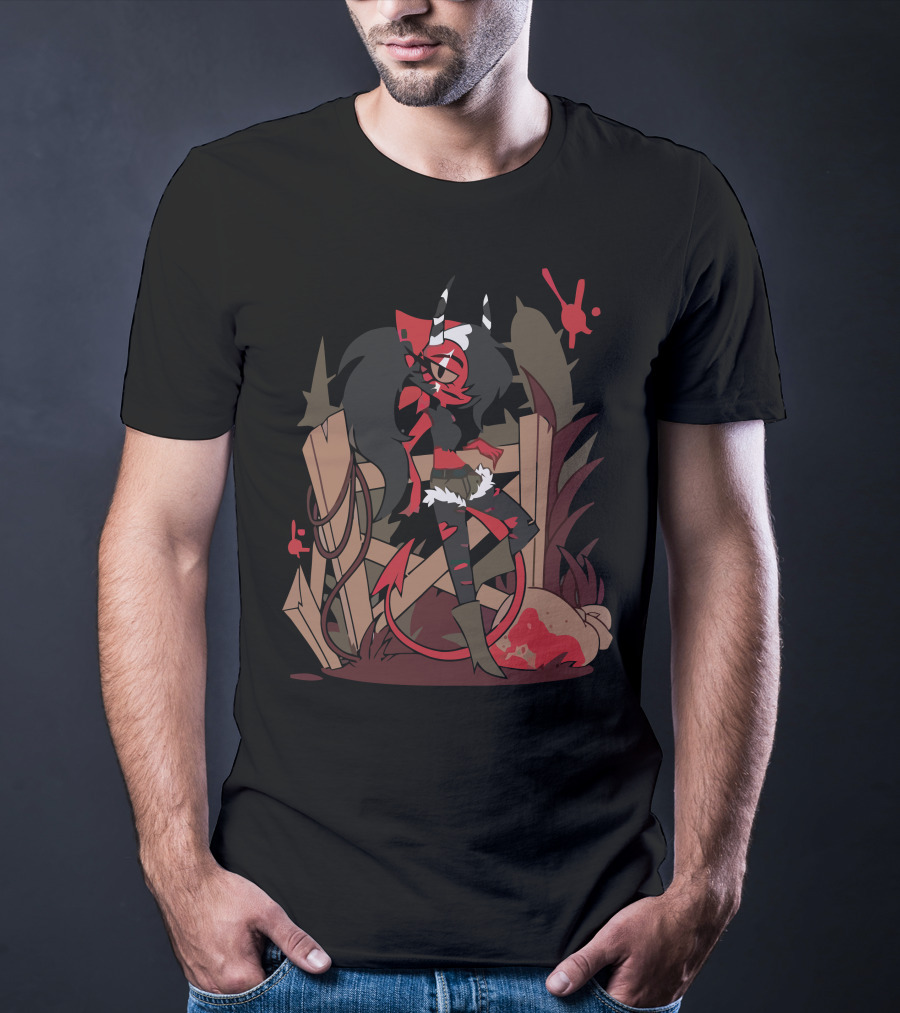 Helluva Boss Character Sitting On Fence With Bag And Red T-Shirt