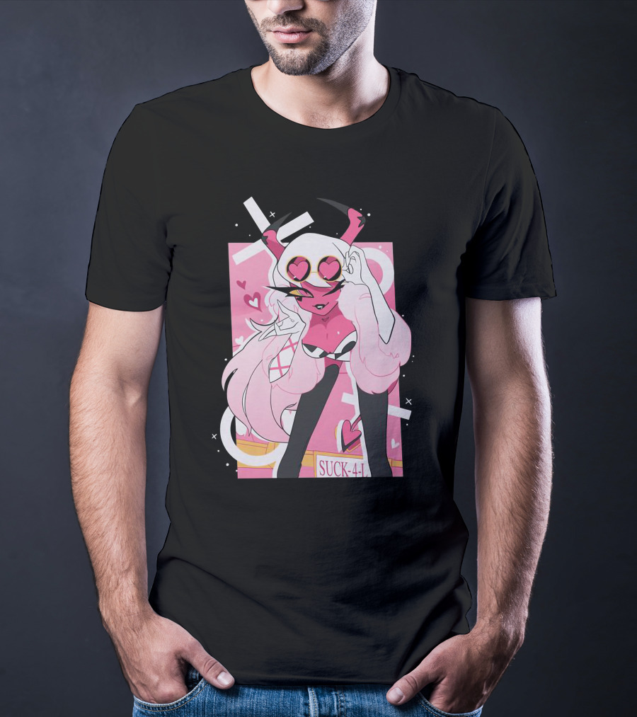 Helluva Boss Mrs Mayberry Suck-4-L<3 Hearts Pink And White Demon Character T-Shirt