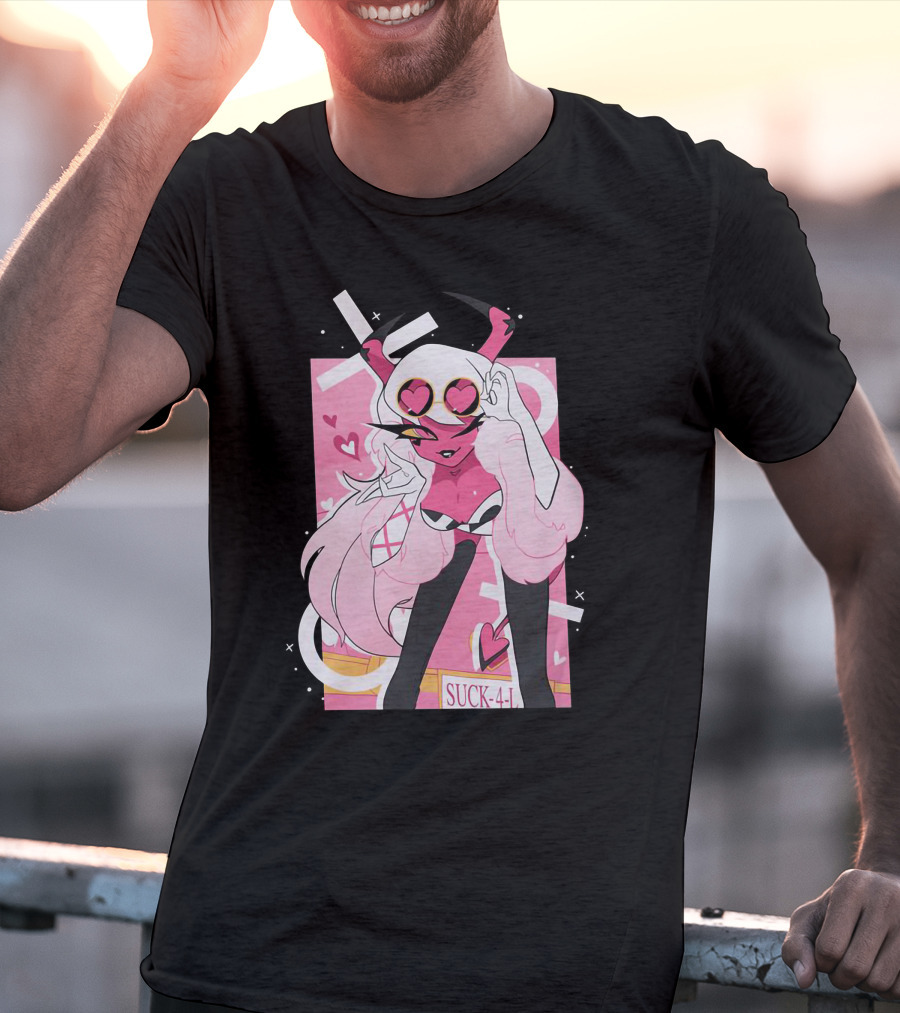 Helluva Boss Mrs Mayberry Suck-4-L<3 Hearts Pink And White Demon Character T-Shirt