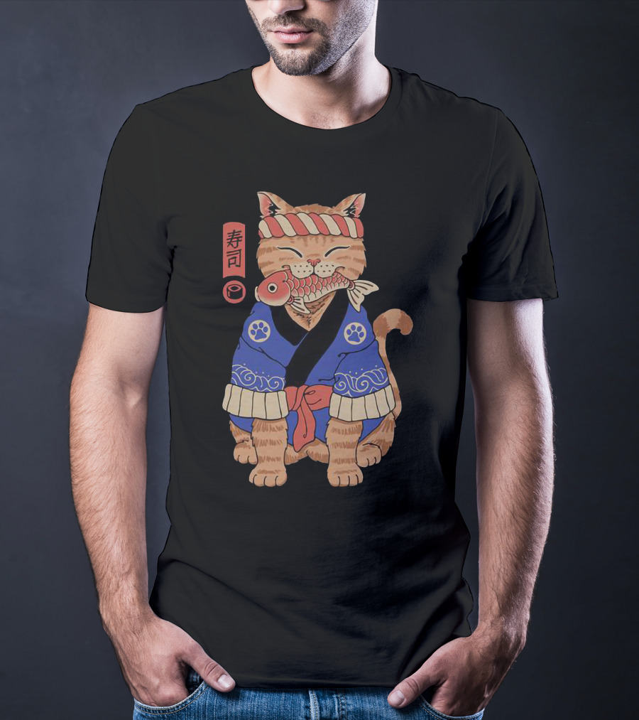 Sushi Cat In Traditional Japanese Outfit With Fish And Kanji T-Shirt