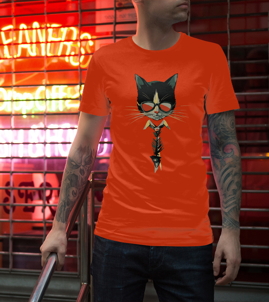 Bibisama CAT With Sunglasses And Fish Skeleton Tie T-Shirt