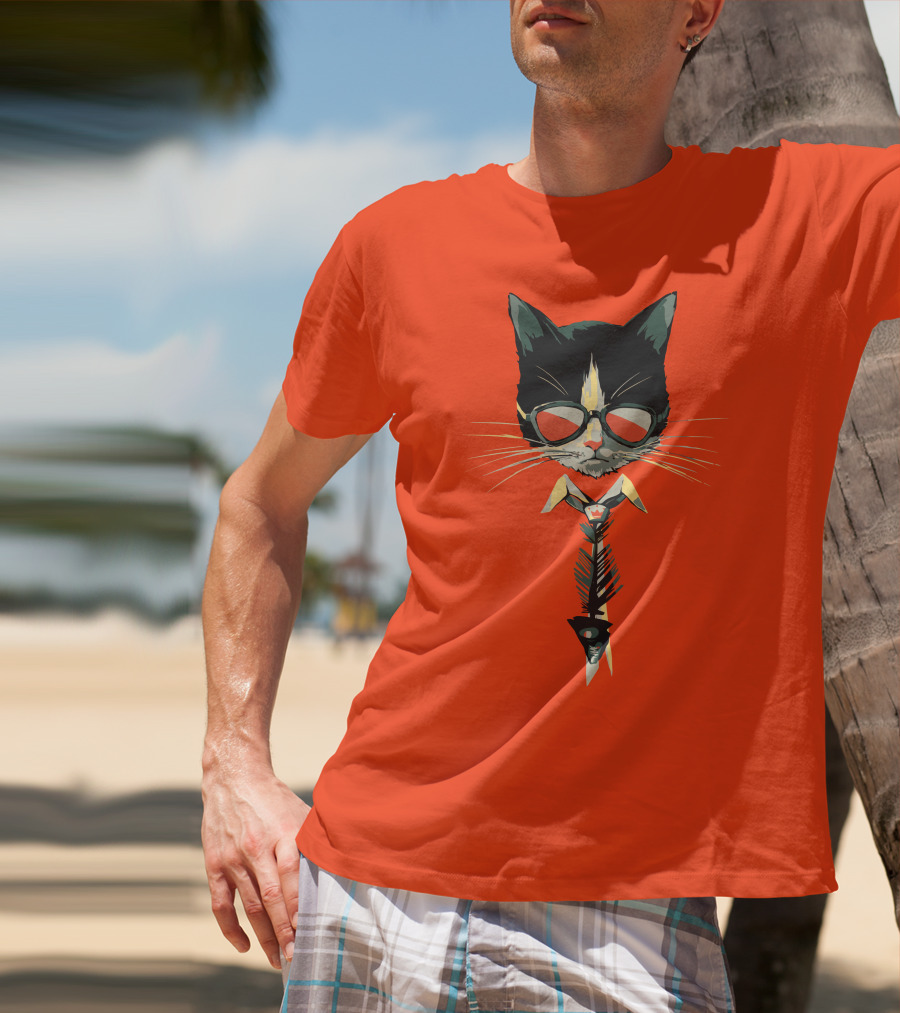 Bibisama CAT With Sunglasses And Fish Skeleton Tie T-Shirt