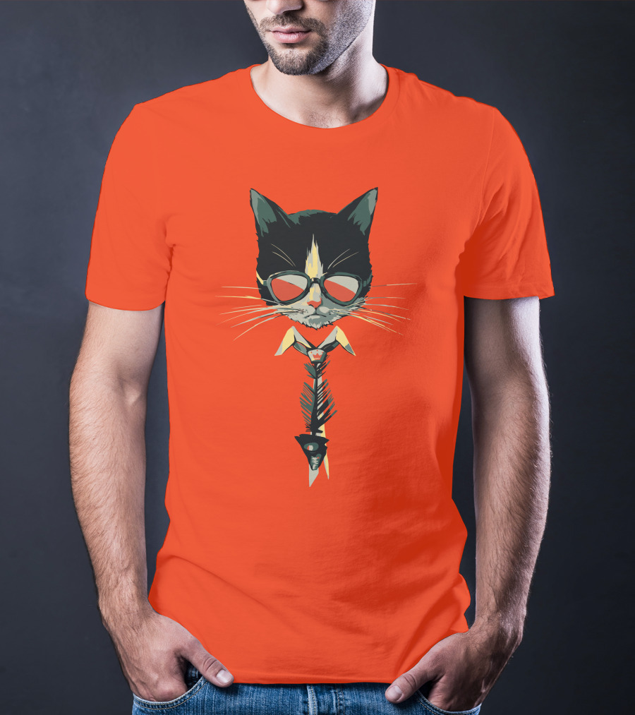 Bibisama CAT With Sunglasses And Fish Skeleton Tie T-Shirt