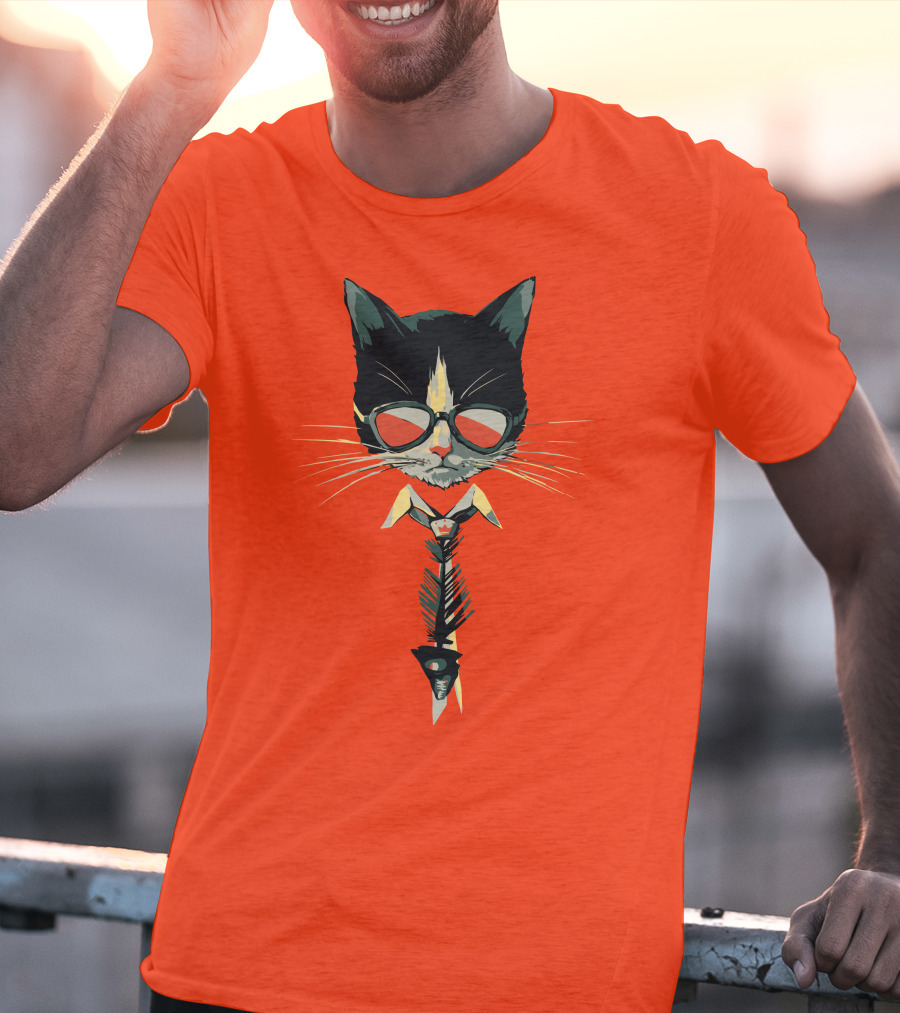 Bibisama CAT With Sunglasses And Fish Skeleton Tie T-Shirt