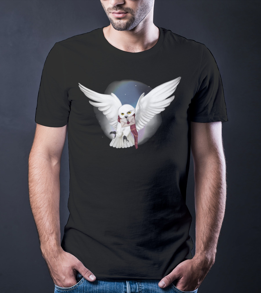 Snowy White Owl With Letter And Red Scarf In Starry Sky T-Shirt