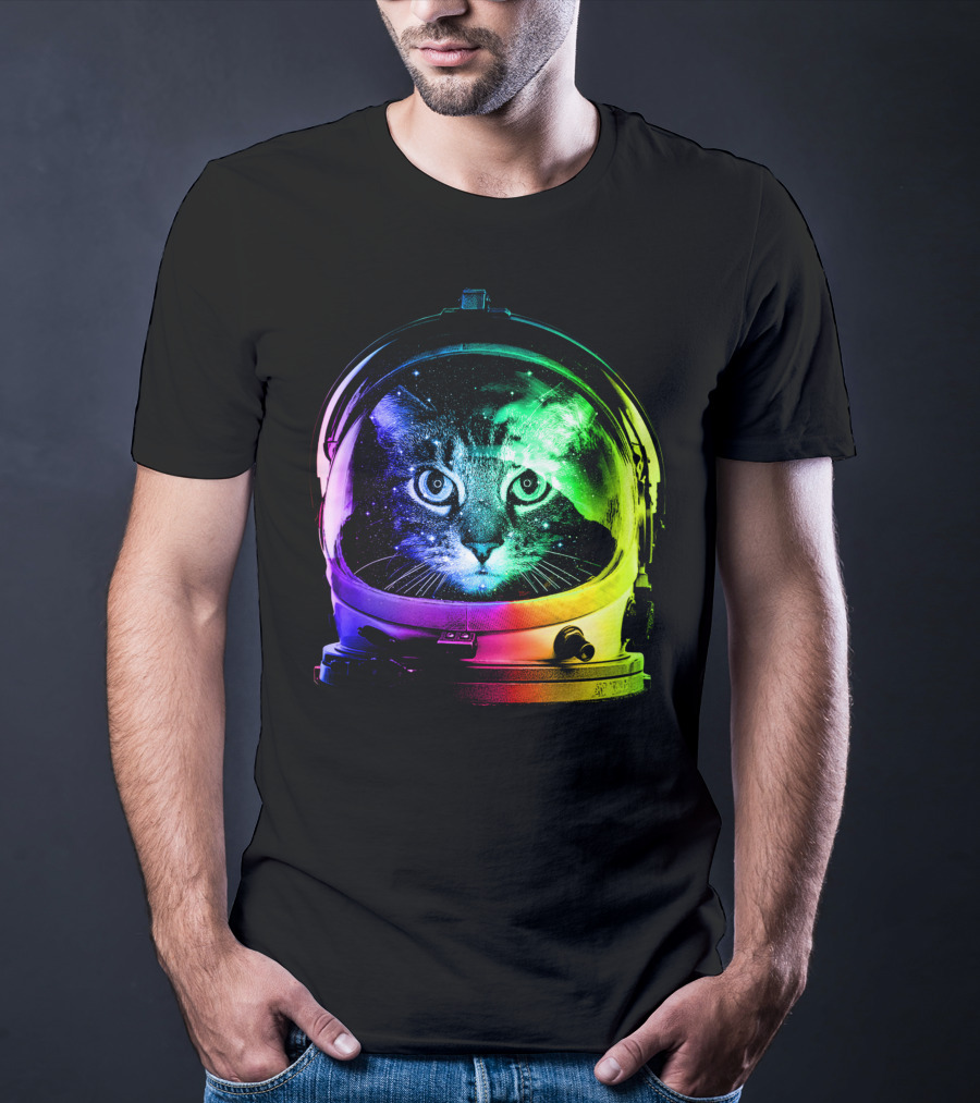 Astronaut Cat Classic Funny Cat In Space Helmet With Rainbow Glow T-Shirt
