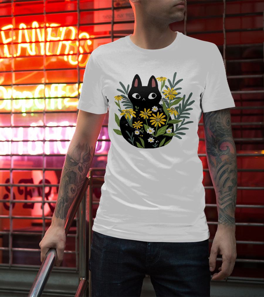 Black Cat With Flowers Essential Cute Funny Cat Illustration Floral T-Shirt