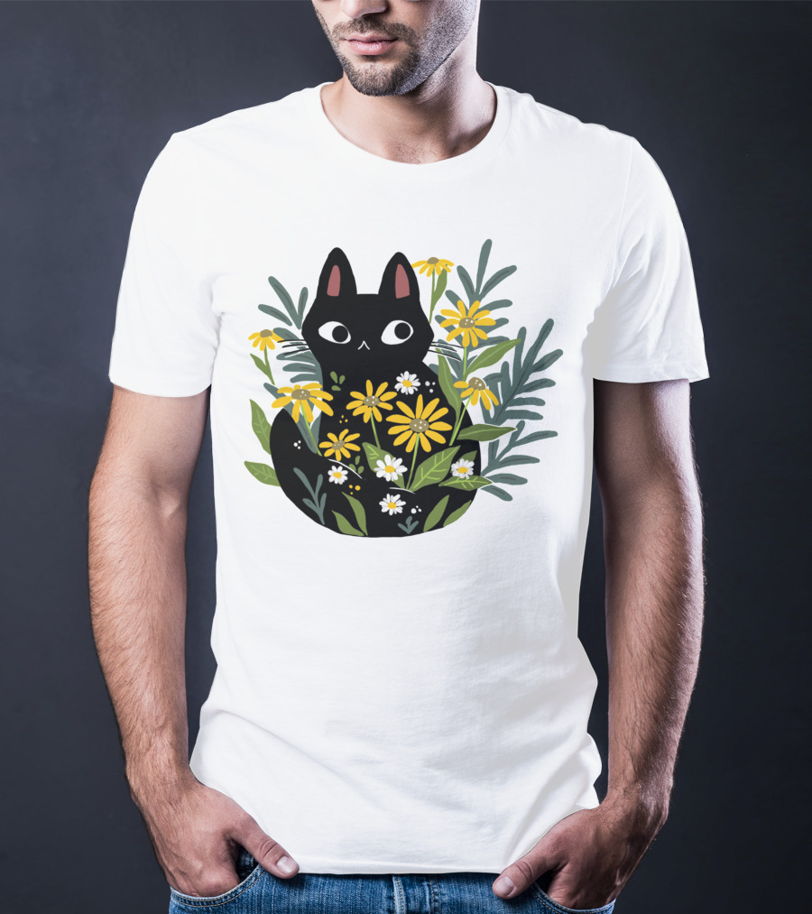 Black Cat With Flowers Essential Cute Funny Cat Illustration Floral T-Shirt