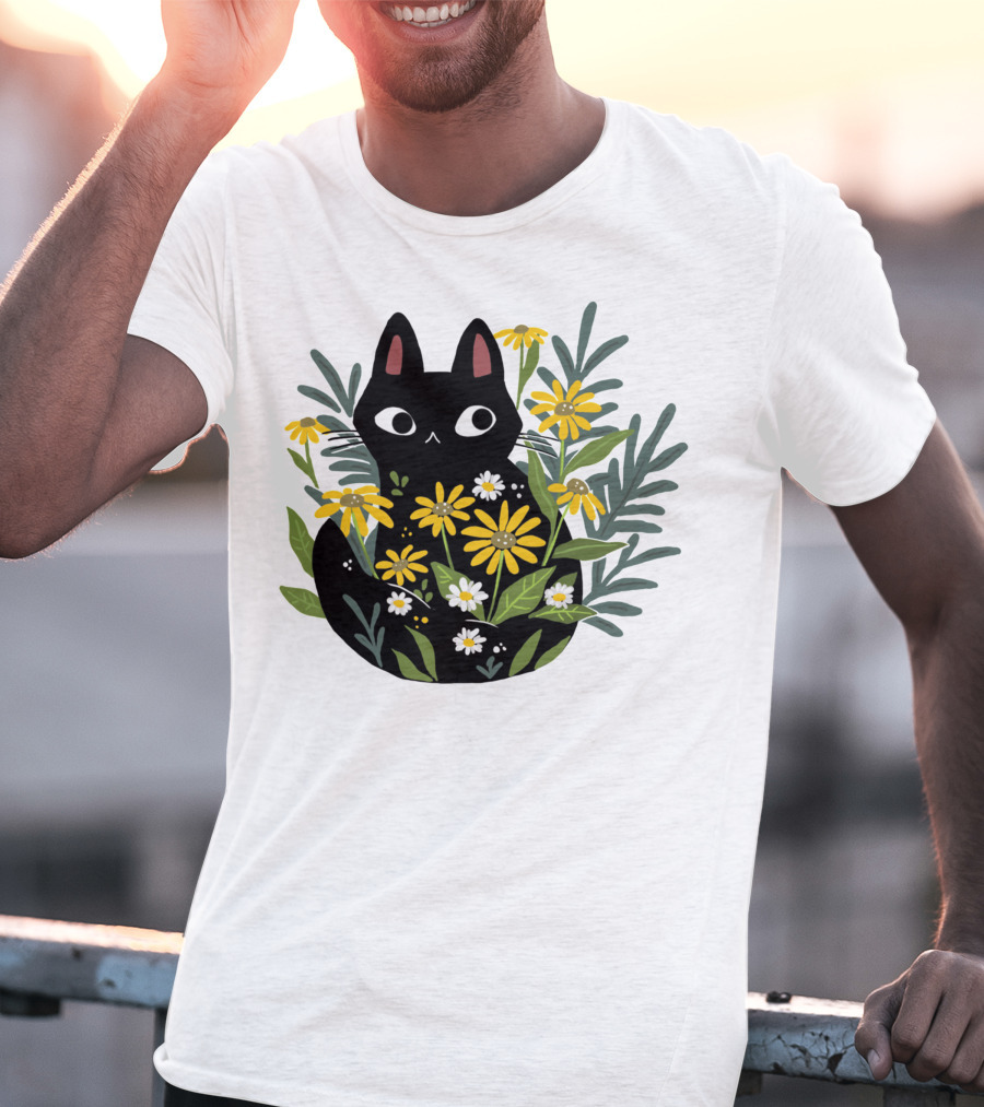 Black Cat With Flowers Essential Cute Funny Cat Illustration Floral T-Shirt