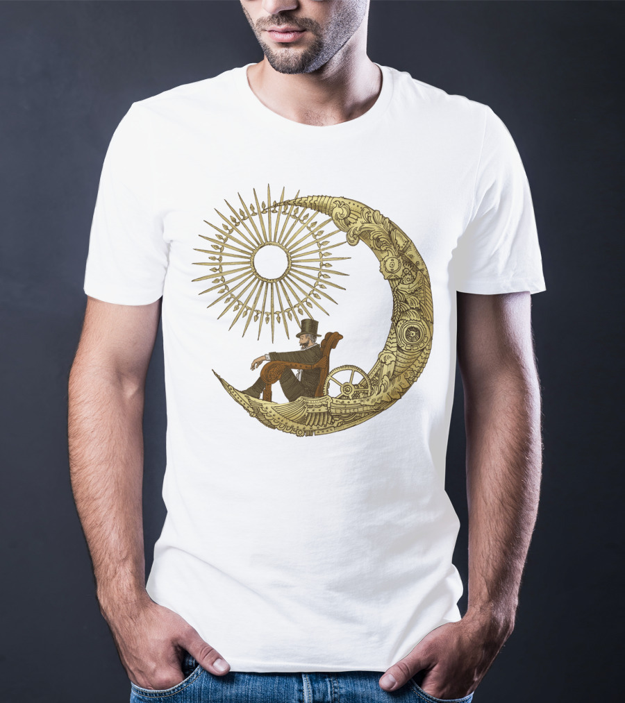 Victorian Gentleman On Ornate Crescent Moon With Sunburst - Moon Travel T-Shirt