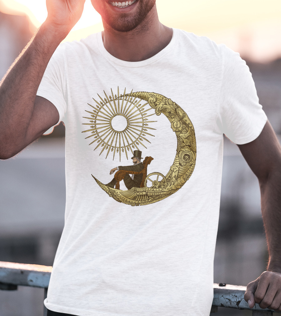 Victorian Gentleman On Ornate Crescent Moon With Sunburst - Moon Travel T-Shirt