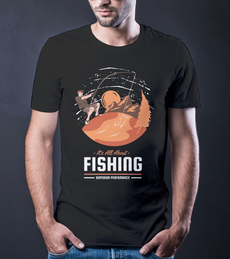 All About Fishing Superior Performance With Mountain And Sunset Scene T-Shirt