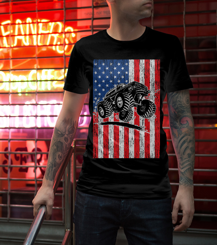 American Flag USA Monster Truck Enthusiast Patriotic T-Shirt
