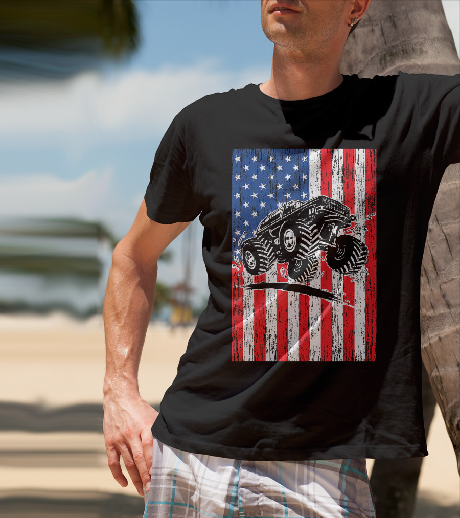 American Flag USA Monster Truck Enthusiast Patriotic T-Shirt