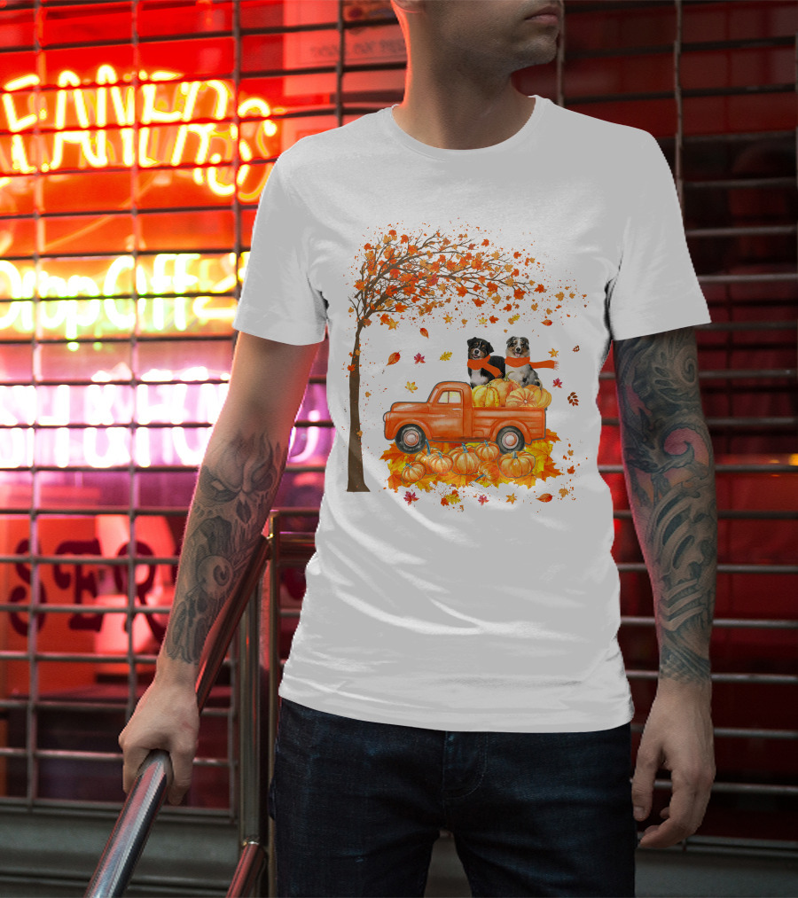 Australian Shepherds With Pumpkins On Orange Truck In Autumn Scene T-Shirt