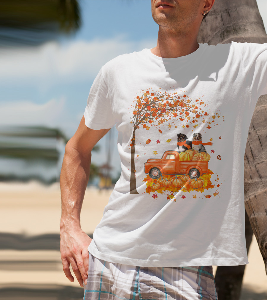 Australian Shepherds With Pumpkins On Orange Truck In Autumn Scene T-Shirt