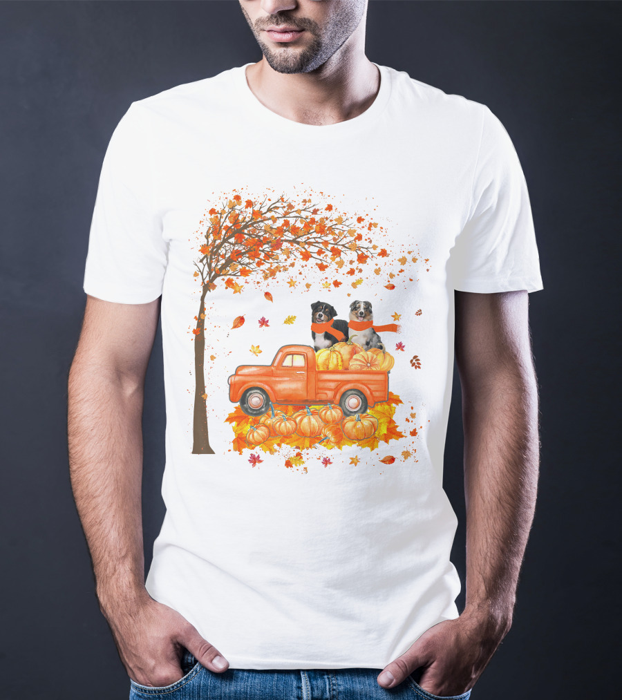 Australian Shepherds With Pumpkins On Orange Truck In Autumn Scene T-Shirt