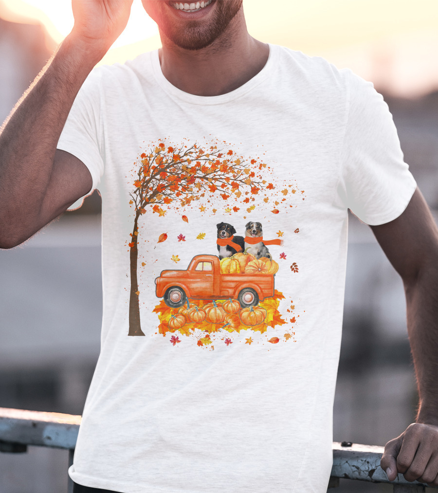 Australian Shepherds With Pumpkins On Orange Truck In Autumn Scene T-Shirt