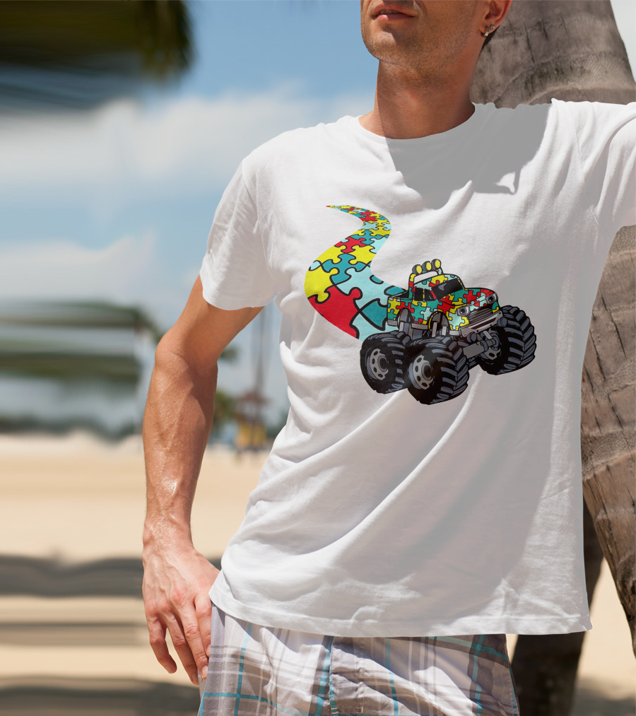 Autism Awareness Puzzle Piece Monster Truck For Boys T-Shirt