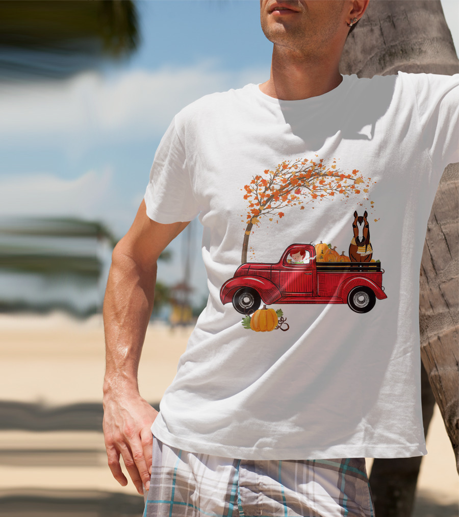 Autumn Fall Season Red Truck Horse Pumpkins Thanksgiving Day T-Shirt