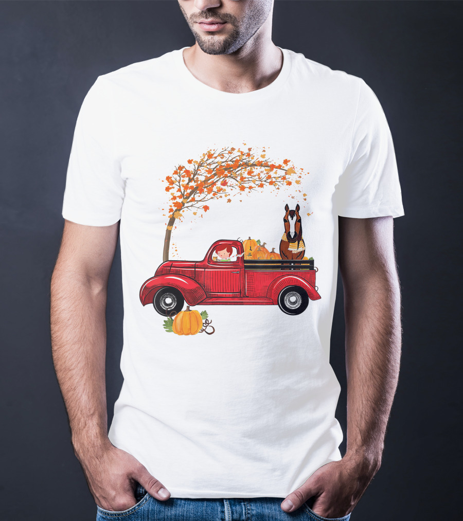 Autumn Fall Season Red Truck Horse Pumpkins Thanksgiving Day T-Shirt