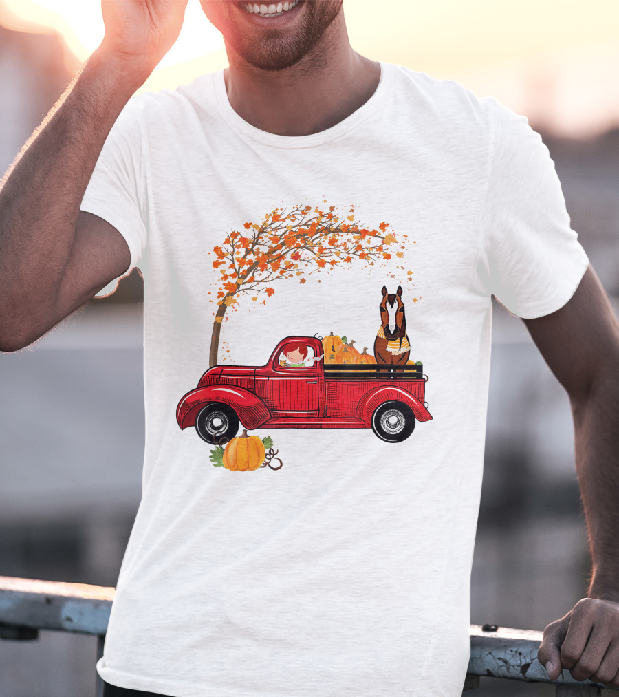 Autumn Fall Season Red Truck Horse Pumpkins Thanksgiving Day T-Shirt