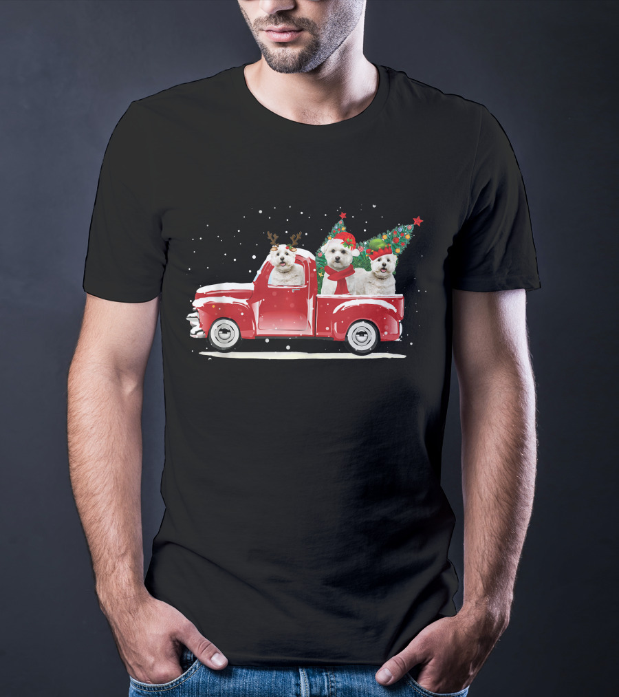 Bichon Frise Reindeer And Santa Christmas Truck With Trees T-Shirt