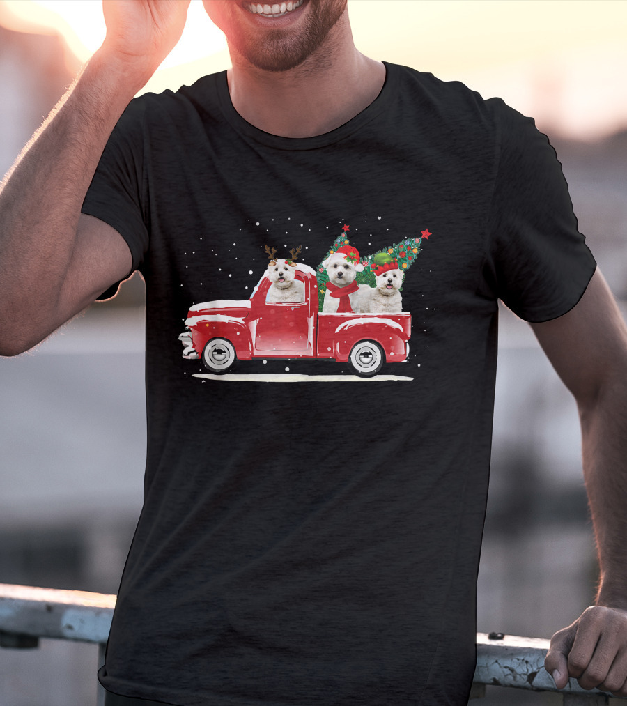 Bichon Frise Reindeer And Santa Christmas Truck With Trees T-Shirt