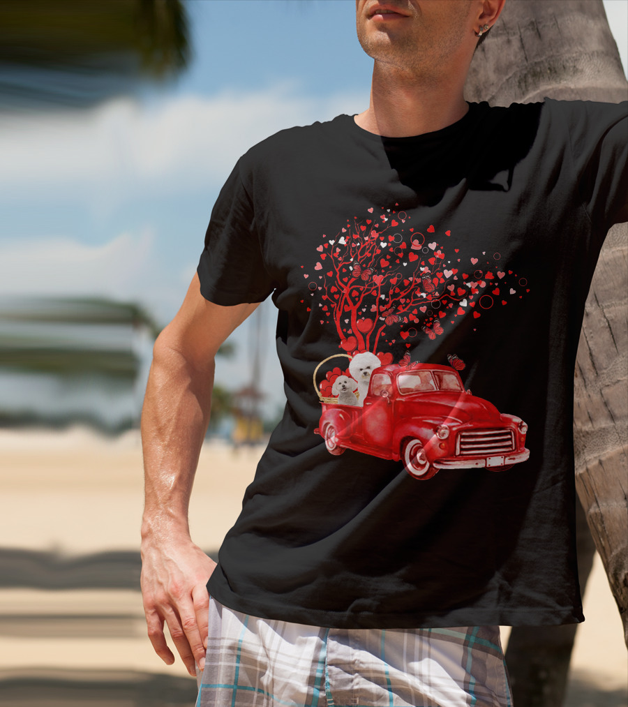 Bichon Frise Valentine Red Truck With Heart Tree And Butterflies T-Shirt
