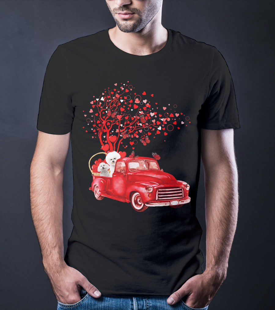 Bichon Frise Valentine Red Truck With Heart Tree And Butterflies T-Shirt