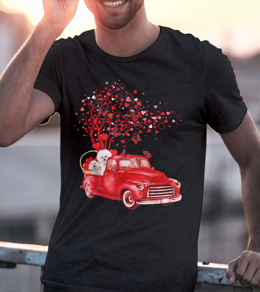 Bichon Frise Valentine Red Truck With Heart Tree And Butterflies T-Shirt