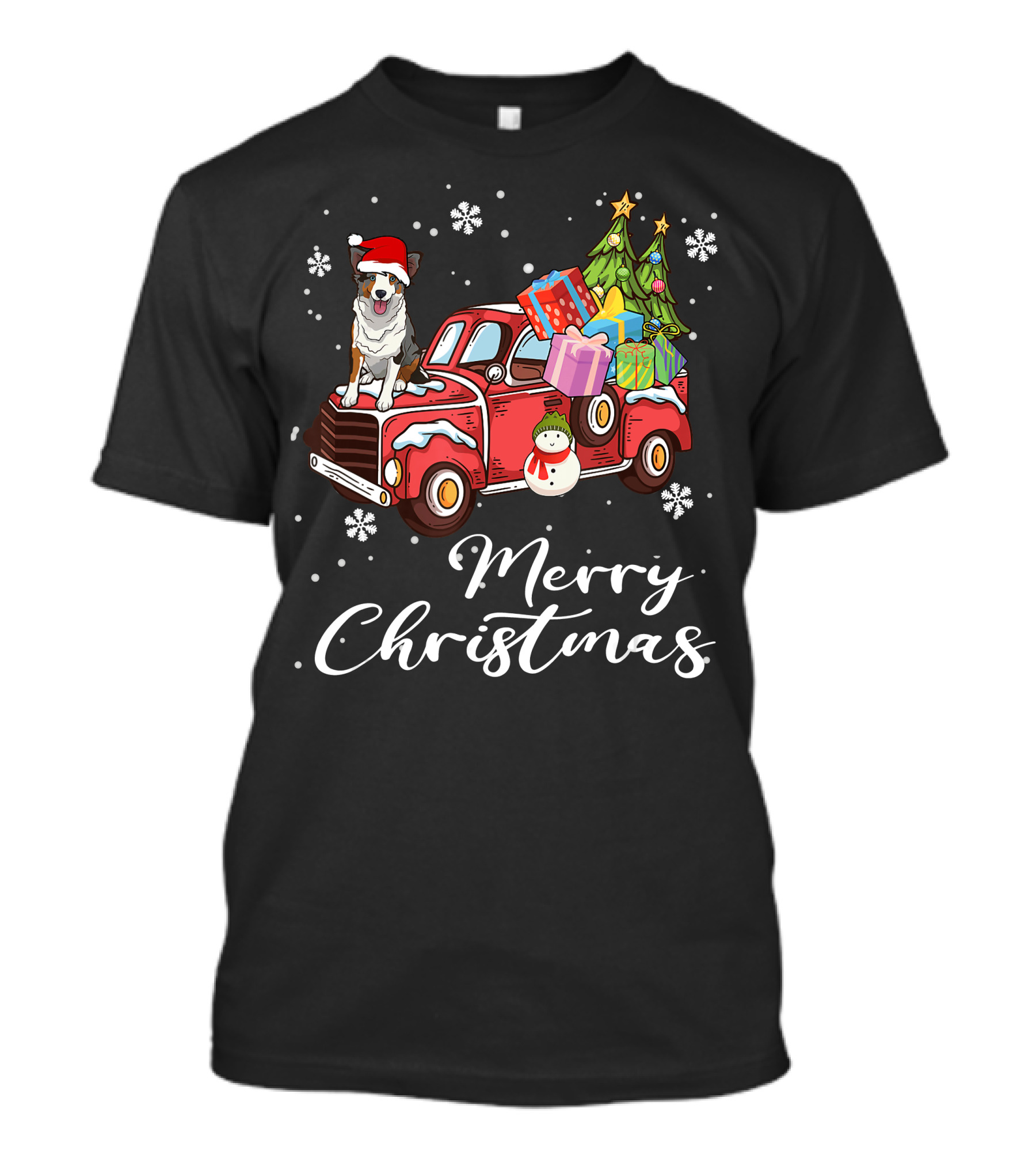 Border Collie On Red Truck With Gifts Snowflakes And Merry Christmas Text T-Shirt
