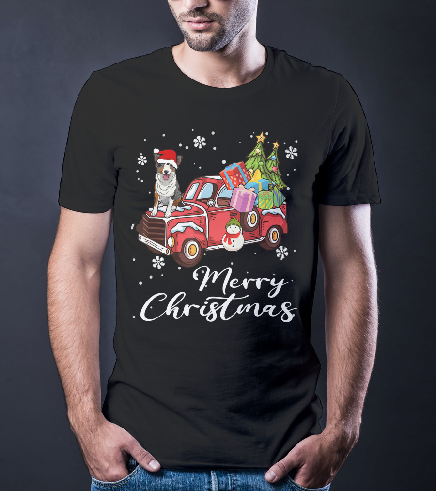 Border Collie On Red Truck With Gifts Snowflakes And Merry Christmas Text T-Shirt
