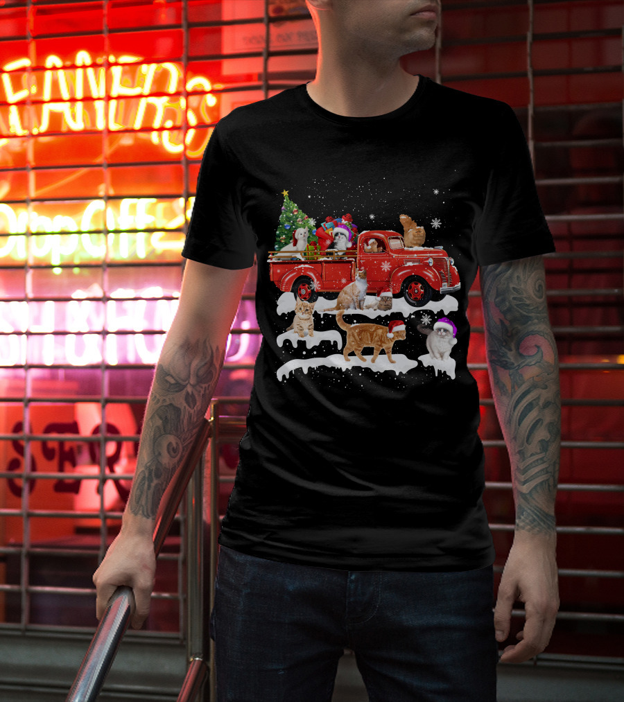 Merry Christmas Cat Riding Red Truck With Kittens And X Mas Tree T-Shirt