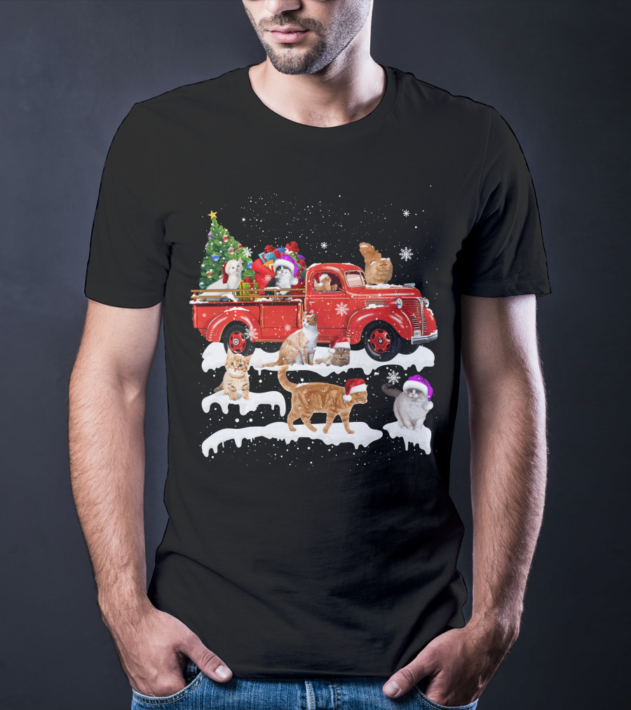 Merry Christmas Cat Riding Red Truck With Kittens And X Mas Tree T-Shirt