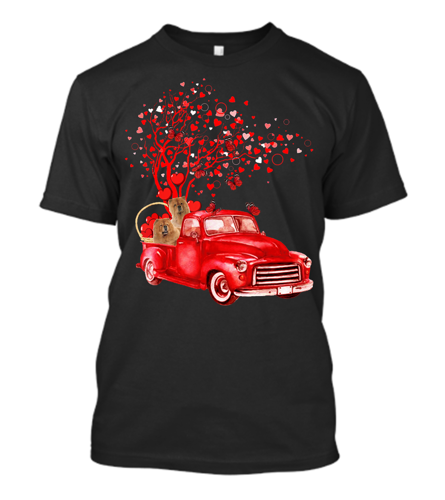 Chow Chow In Red Truck With Butterfly Valentine Heart Tree T-Shirt