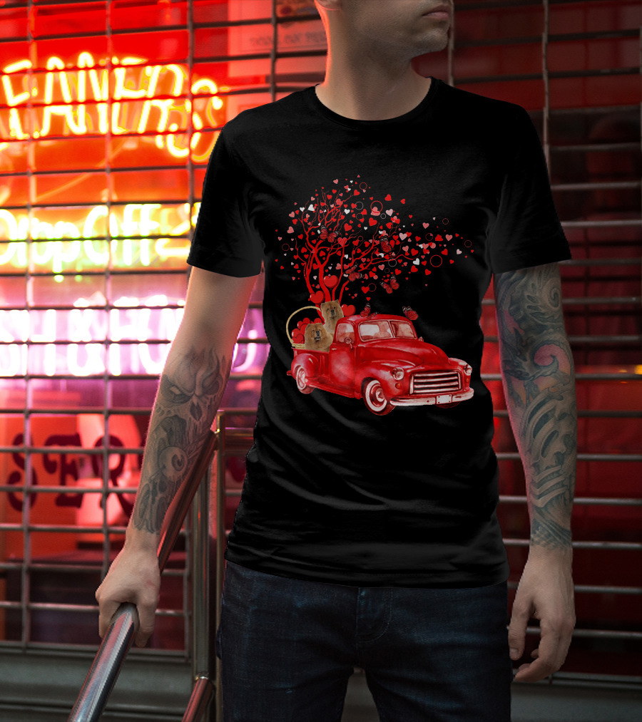 Chow Chow In Red Truck With Butterfly Valentine Heart Tree T-Shirt