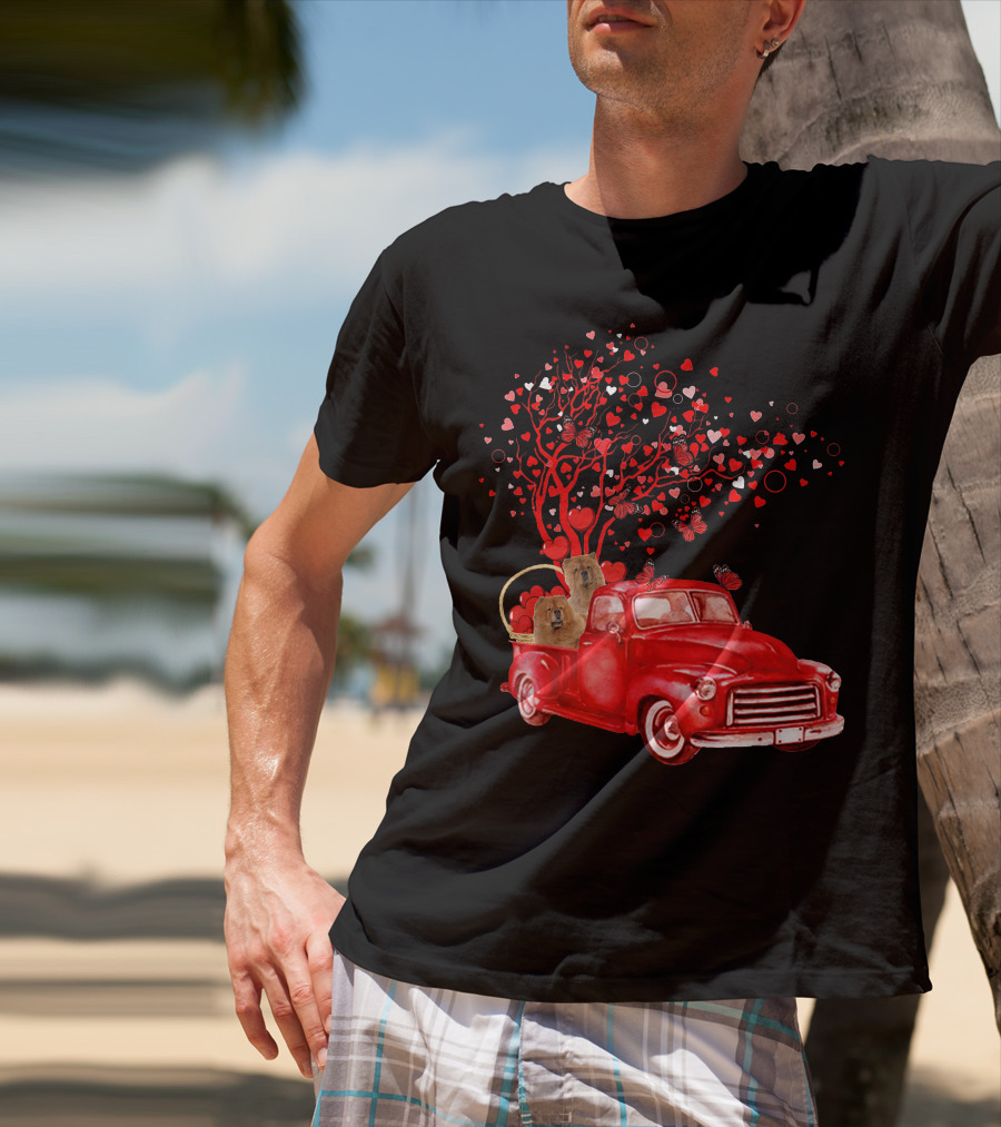 Chow Chow In Red Truck With Butterfly Valentine Heart Tree T-Shirt