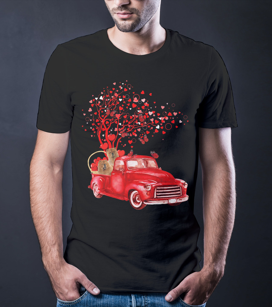 Chow Chow In Red Truck With Butterfly Valentine Heart Tree T-Shirt