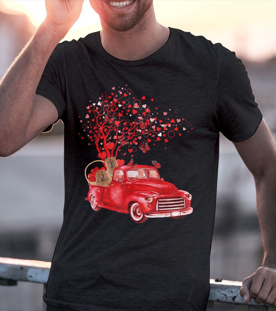 Chow Chow In Red Truck With Butterfly Valentine Heart Tree T-Shirt