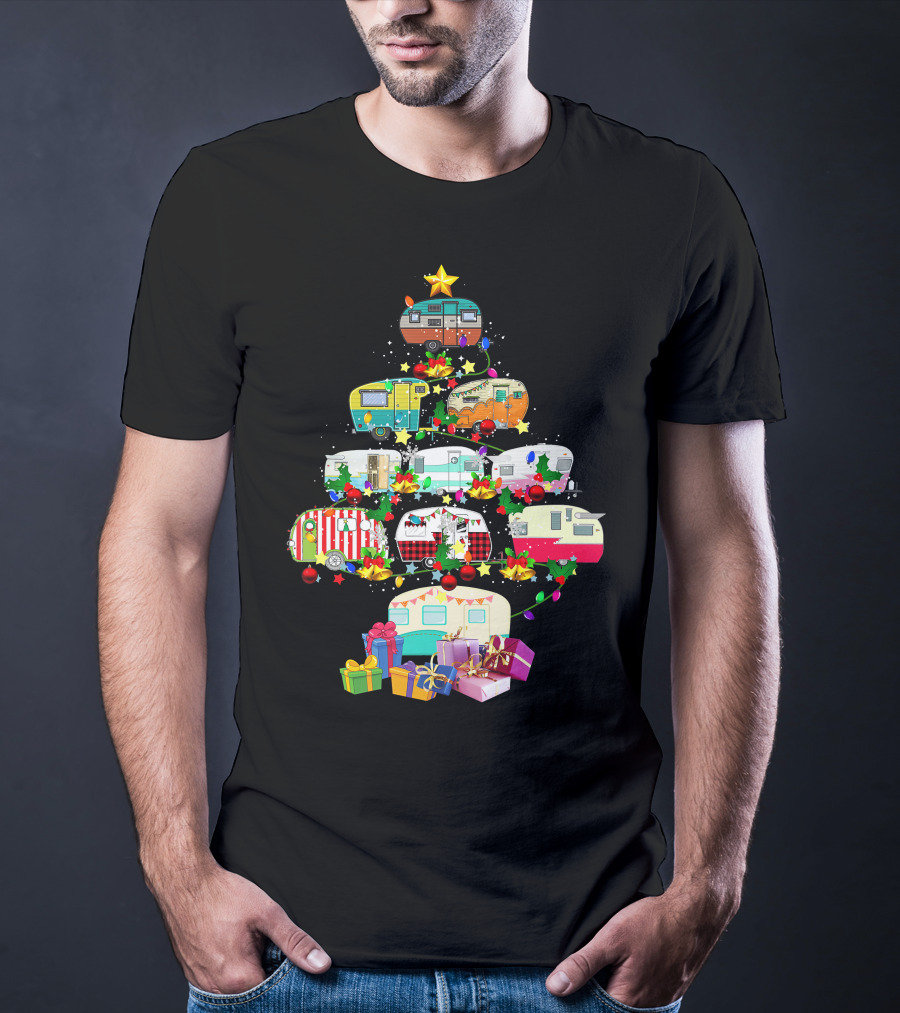 Christmas Camping Lover X Mas Camper Tree With Trucks And Gifts T-Shirt