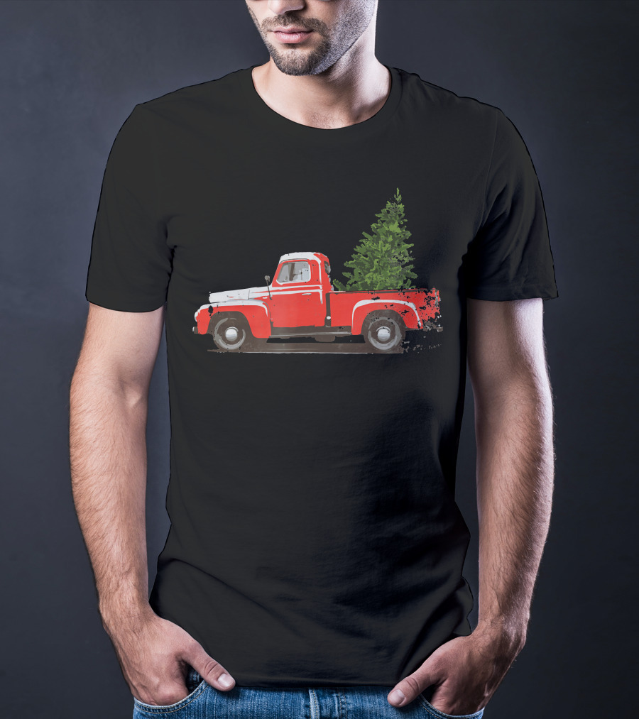 Classic Red Pickup Truck With Christmas Tree T-Shirt