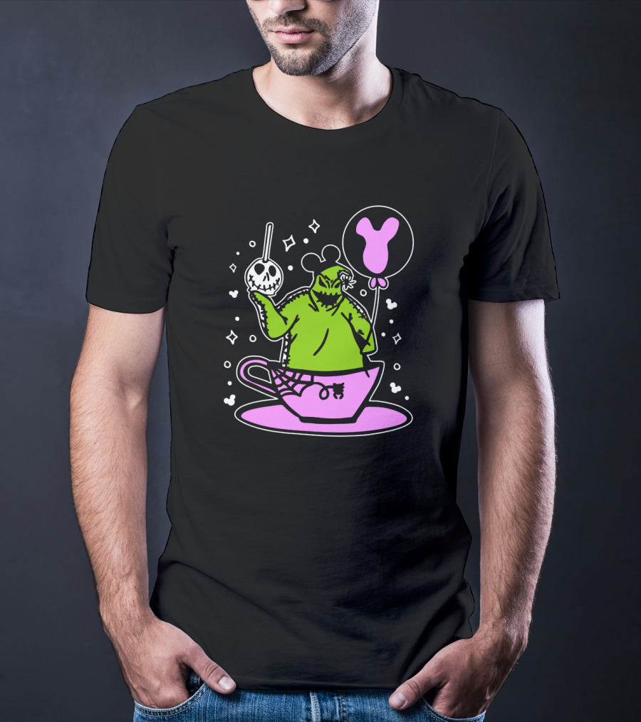 Oogie Boogie In Pink Tea Cup With Mickey Ears Balloon And Spider Details T-Shirt