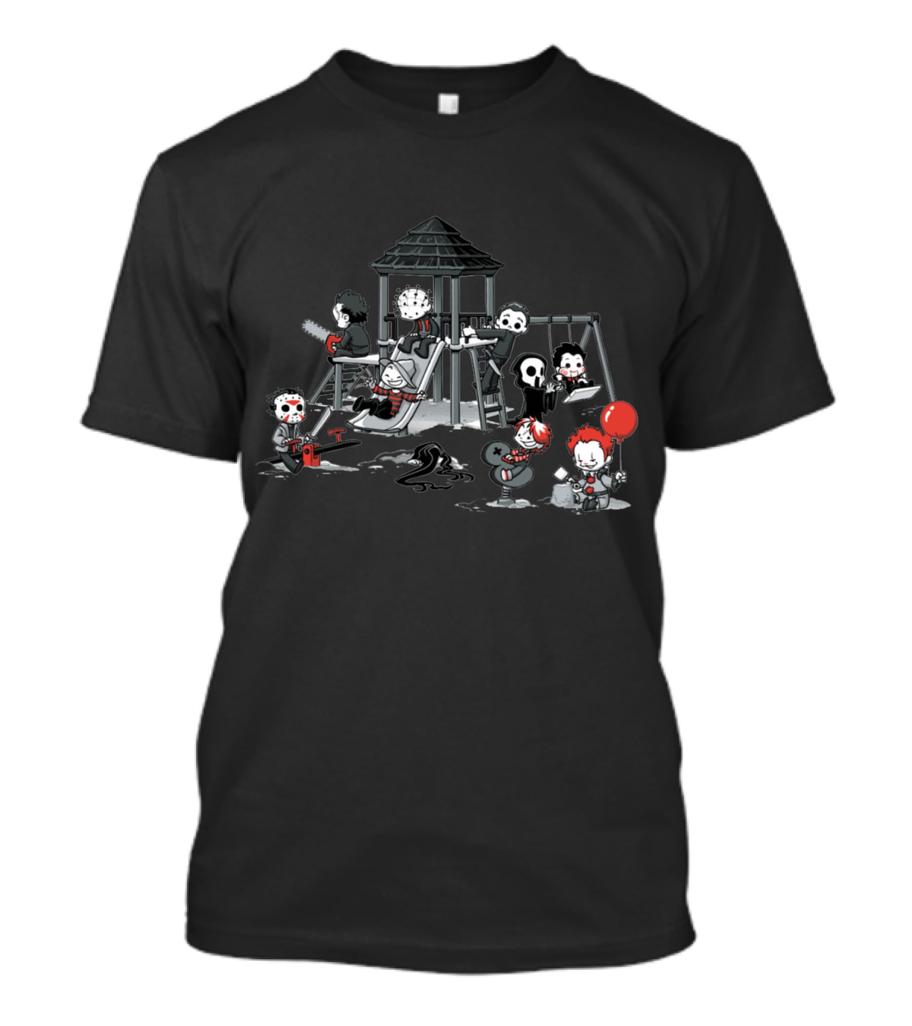 Playground Of Horror Characters In Creepy Swing Set Scene T-Shirt