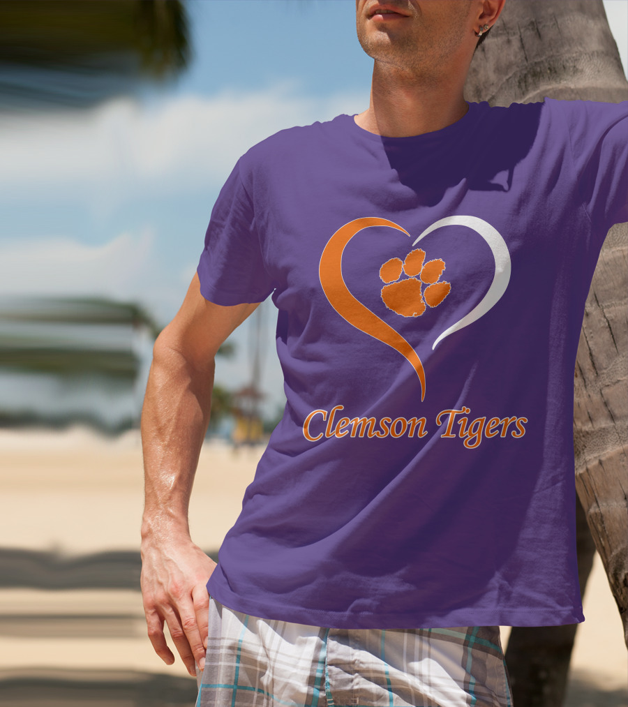 Clemson Tigers Heart Paw Print Purple And Orange T-Shirt