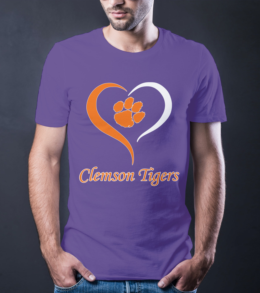 Clemson Tigers Heart Paw Print Purple And Orange T-Shirt